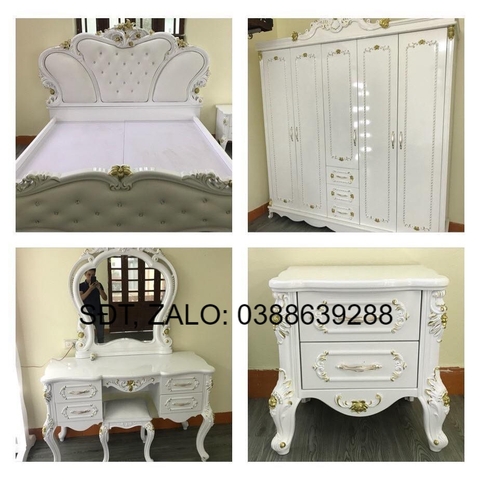Combo bàn trang điểm, táp đầu giường, giường ngủ, tủ quần áo phòng ngủ tân cổ điển CB026 giá thật