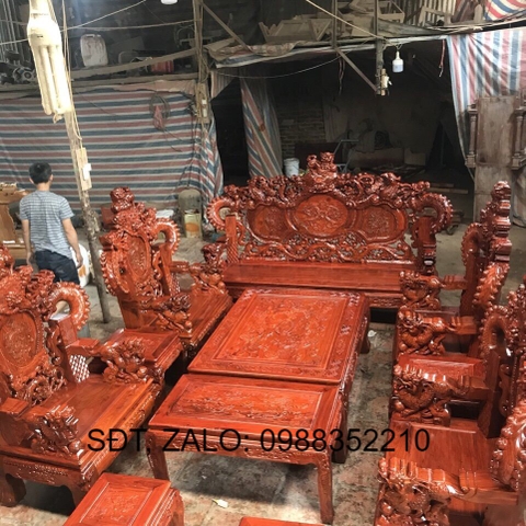 Bộ Bàn Ghế Gỗ Phòng Khách Nghê Đỉnh Tay Khuỳnh Tứ Linh Gỗ Cẩm Vàng 10 món