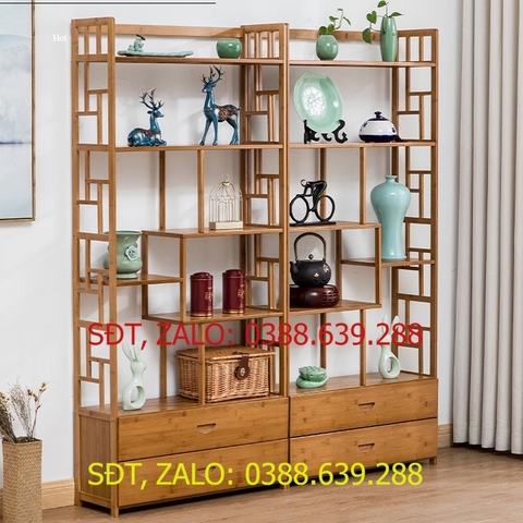 Kê đê sach băng gô tre cao câp, Kê đê đô trưng bay gô tre hiên đai decor phong khach MGK052