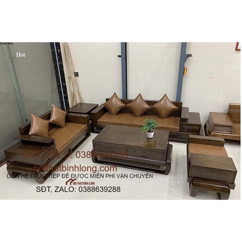 Bộ bàn ghế phòng khách sofa gỗ sồi hai văng hình đùi gà phun màu óc chó