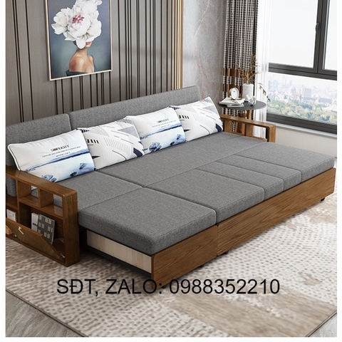 Giường sofa gấp gọn tay gỗ, khung kim loại sơn tĩnh điện kết hợp tủ đồ bên cạnh