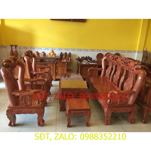 [Trả góp 0%] Bộ bàn ghế chạm đào mặt liền gỗ hương đá 6 món tay 12