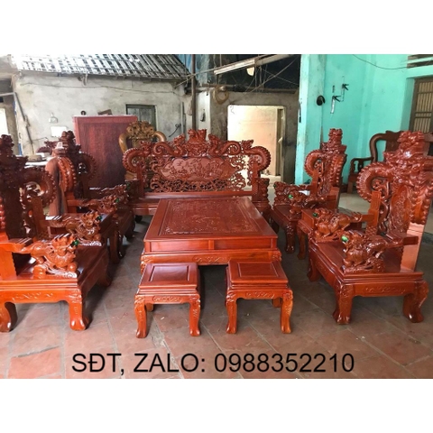 Bộ Bàn Ghế Gỗ Phòng Khách Nghê Đỉnh Bát Tiên Gỗ Cẩm Vàng 10 món Tay Khuỳnh