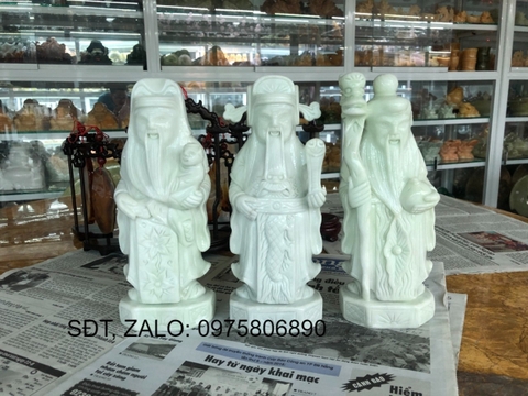 Bộ tượng Tam Đa Phúc Lộc Thọ đá cẩm thạch trắng xanh - Dài 25 cm