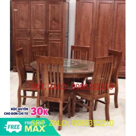 [Trả góp 0%] Bộ Bàn Ăn Tròn Mâm Xoay Kính Gỗ Sồi 6 Ghế Màu Cánh Gián