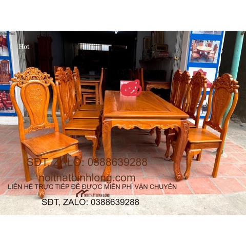 Bàn ăn gỗ gõ mặt tràn 8 ghế
