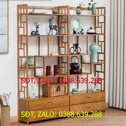 Kê đê sach băng gô tre cao câp, Kê đê đô trưng bay gô tre hiên đai decor phong khach MGK052