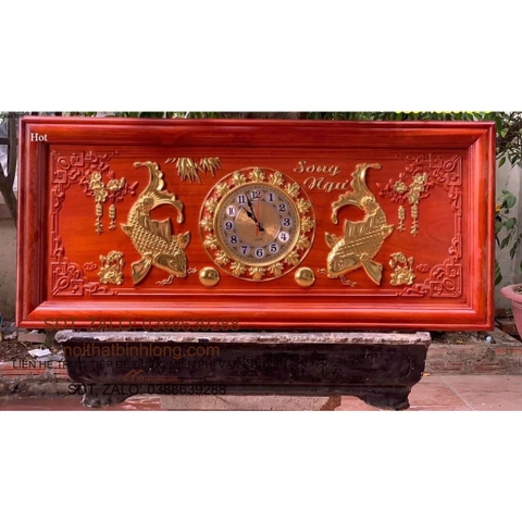 Tranh đồng hồ treo tường trạm khắc song ngư bằng gỗ hương đá kt 481084cm