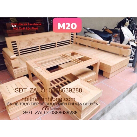 Bàn ghế Sofa góc gỗ Sồi Nga phun màu trần mẫu M20