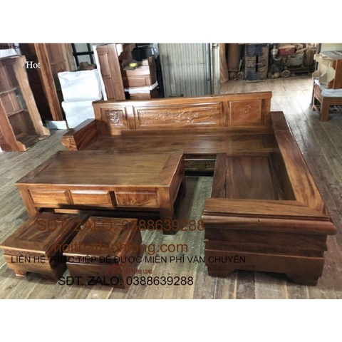 Bàn ghế Phòng Khách bộ góc pháo gỗ sồi phun màu óc chó mẫu 108