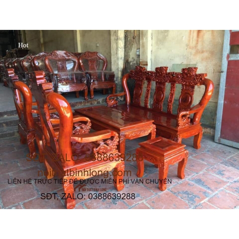 bộ bàn ghế phòng khách bộ Nghê Đinh 3 đầu cột 10 gỗ xà cừ