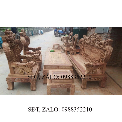 Bộ Bàn Ghế Nghê Đỉnh Tay Khuỳnh vách liền gỗ hương vân