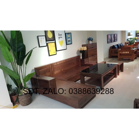 Sofa gỗ góc L 3 ngăn kéo gỗ óc chó BG117 giá thật