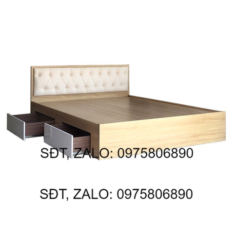 Giường Ngủ Gỗ MDF Phủ Melamine Bọc Nệm Kem Có Ngăn Kéo Màu Vàng Trắng