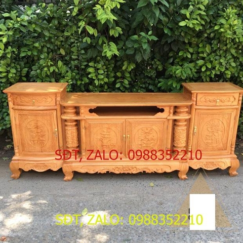 [Trả góp 0%] Kệ tivi gỗ gõ đỏ mẫu cột nho trạm 2m tùng cúc trúc mai