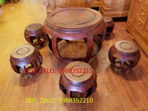 [Trả góp 0%] Bộ bàn ghế kiểu trống gỗ hương 7 món