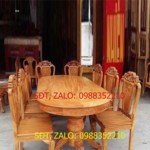 [Trả góp 0%] Bộ bàn ăn gỗ gõ 8 gế kiểu oval vân gỗ đẹp cùng với độ bền và chắc chắn chịu nắng chịu nước kích thước 92 x 192cm