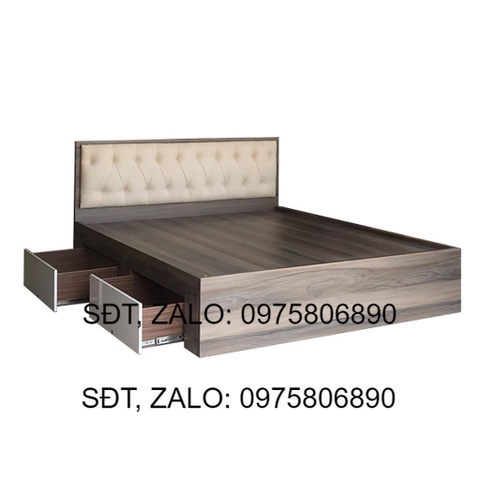 Giường Ngủ Gỗ MDF Phủ Melamine Bọc Nệm Kem Có Ngăn Kéo Màu Nết  Trắng HK 421