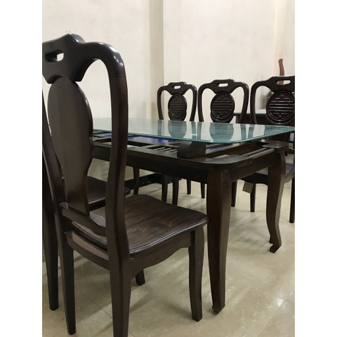 Bàn Ghế Ăn Mặt Kính 2 Tầng Gỗ Tự Nhiên Cao Cấp