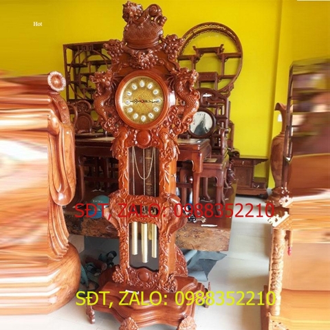 [Trả góp 0%] Đồng hồ đứng băng gỗ hương quả lắc hình con nghê , đồng hồ gỗ cây quả lắc đánh chuông