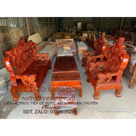 bộ bàn ghế phòng khách rồng khuỳnh gỗ xà cừ tay 12