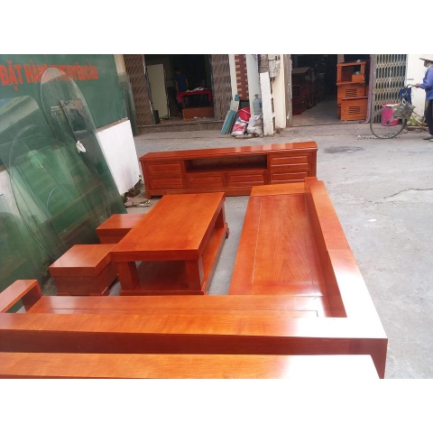 Bàn ghế Phòng Khách bộ góc giống nguyên khối gỗ gõ mẫu 103