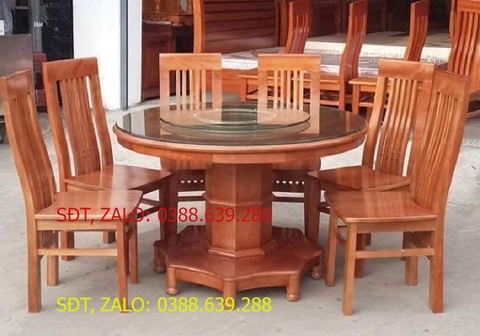 bộ bàn ghế ăn gỗ sồi nga bàn tròn xoay 6 ghế
