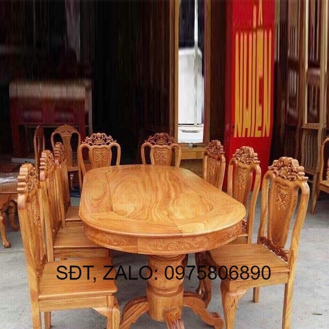 [Trả góp 0%] Bộ bàn ăn gỗ gõ 8 gế kiểu oval vân gỗ đẹp