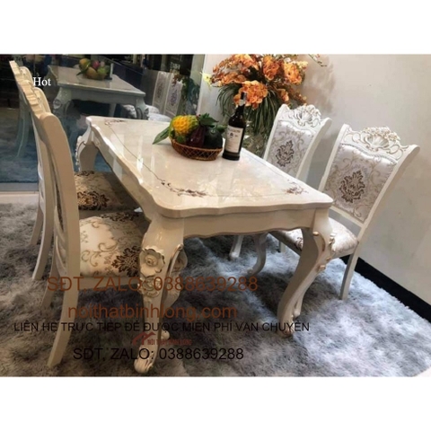 bộ bàn ghế ăn tân cổ điển nhập khẩu bàn đá 6 ghế