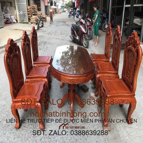 Bàn Ăn OVAL Chạm Hoa Hồng Gỗ Gõ Đỏ
