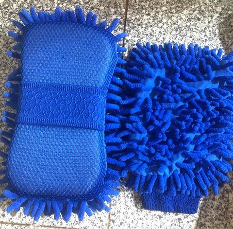 Găng tay rửa xe sợi micro màu xanh dương ( trùm tay và kẹp tay )
