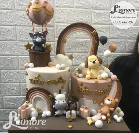 Set bánh đôi sinh nhật bé trai 1 tuổi