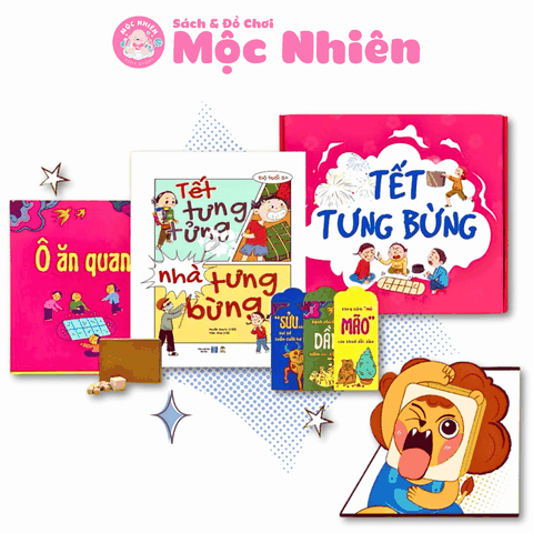 Hộp quà Tết tưng bừng cho bé độ tuổi 5+ gồm sách và set đồ chơi dân gian Ô ăn quan