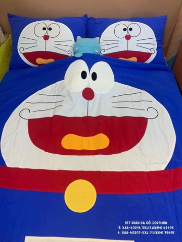 Bộ mền ga gối Doremon (ga, mền, 2 vỏ gối nằm, vỏ gối ôm). Size: 3XL(180x200cm)