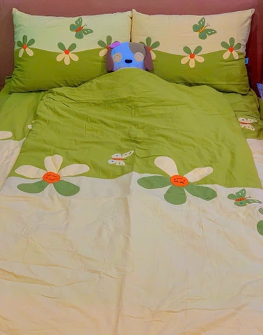 Bộ mền ga gối hoa bướm (ga, mền, 2 vỏ gối nằm, vỏ gối ôm). Size: 2XL(160x200cm)