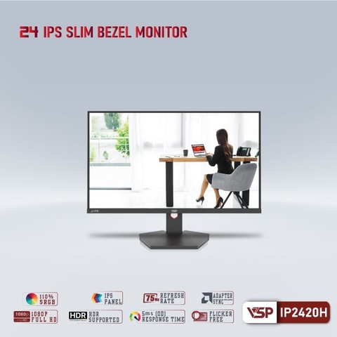 Màn hình LCD 24” VSP IP2420H Chính hãng (IPS - VGA, HDMI, 1920x1080, 75Hz, 3 cạnh viền mỏng, Kèm cáp HDMI, Treo tường)