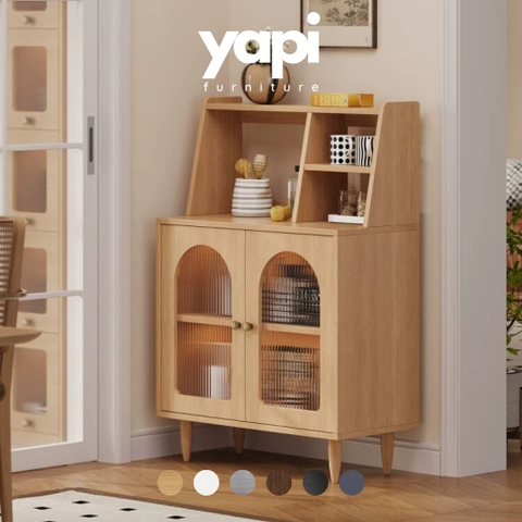 Tủ Bếp Để Đồ Cánh Kính Sóng Chân Gỗ Cao Hiện Đại 120x40x118cm Yapi-TB009