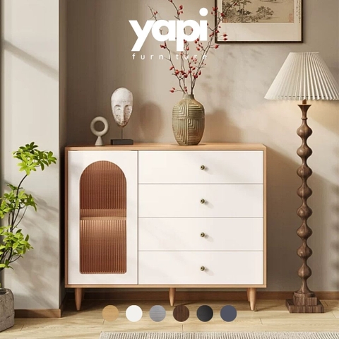 Tủ Trang Trí Kèm Ngăn Kéo Cánh Kính Vòm Sọc Hiện Đại 140x40x98cm Yapi-184