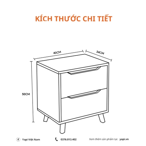 Tủ tab đầu giường chân gỗ 2 ngăn kéo ĐÓNG SẴN 40X34X50cm GHC-51790