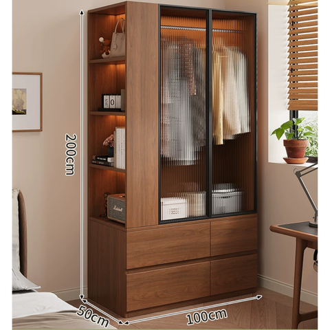 Tủ Quần Áo Cánh Kính Sóng Hiện Đại Tích Hợp Kệ Sách Và Ngăn Kéo 100x50x200cm Yapi-264