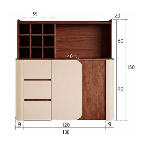 Tủ Trang Trí Bo Cong Kem Ô Vuông Decor Hiện Đại 138x40x150cm Yapi-174