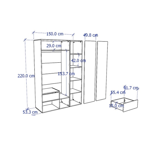 Tủ quần áo đa năng 2 cánh mở kèm kệ chứa 5 tầng 150x55x220cm LẮP ĐẶT TẠI NHÀ YAPI-207