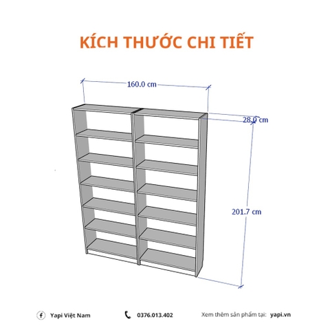 Combo 2 kệ sách 6 tầng kích thước 160x28x202cm gỗ MDF xịn dễ dàng lắp đặt tại nhà YAPI-602