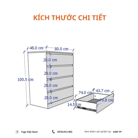 Tủ đựng đồ đa năng 4 ngăn kéo ĐÓNG SẴN phong cách hiện đại 80x48x100cm YAPI-106