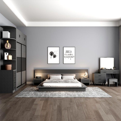 Giường Ngủ Bệt Phong Cách Bắc Âu Kèm 2 Tủ Đầu Giường Bằng Gỗ MDF Nhập Yapi -506
