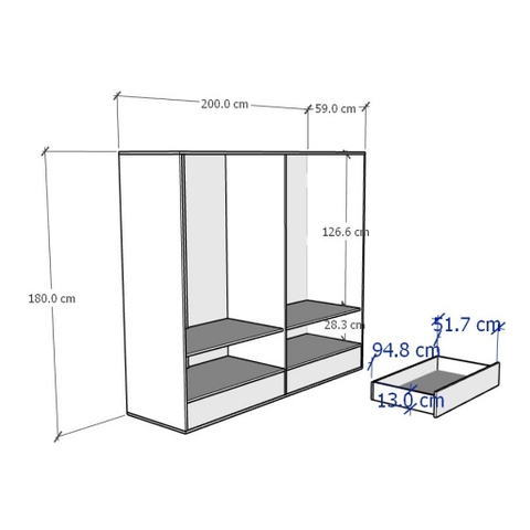 Tủ Quần Áo Cỡ Lớn Kích Thước 200x59x180cm Gỗ Công Nghiệp Yapi-224