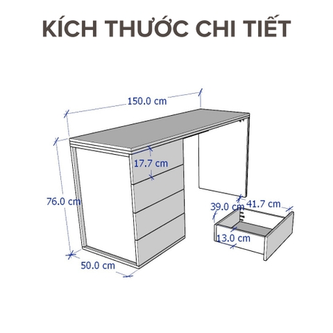 Bàn Học Bàn Làm Việc Kèm Tủ 4 Ngăn Kéo Bằng Gỗ MDF Yapi-413