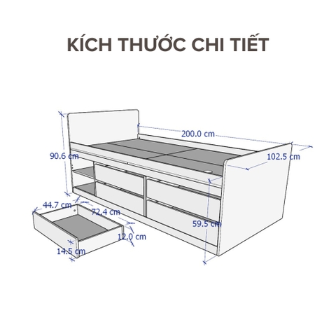 Giường Cho Bé, giường đơn 1mx2m cao 59cm Kèm 4 Ngăn Kéo Yapi-522