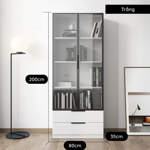 Tủ Sách Cửa Kính Kèm 2 Ngăn Kéo Trang Trí Phòng Khách Kích thước 80x35x200cm Yapi-665