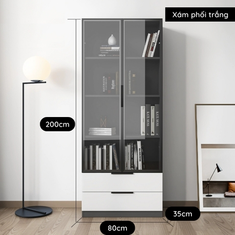 Tủ Sách Cửa Kính Kèm 2 Ngăn Kéo Trang Trí Phòng Khách Kích thước 80x35x200cm Yapi-665